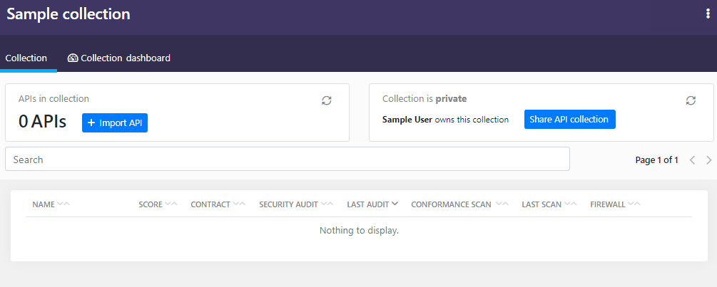 An example screenshot of a newly created API collection. There are not yet any APIs n the collection and it is private, meaning that it was not shared with anyone when it was created.