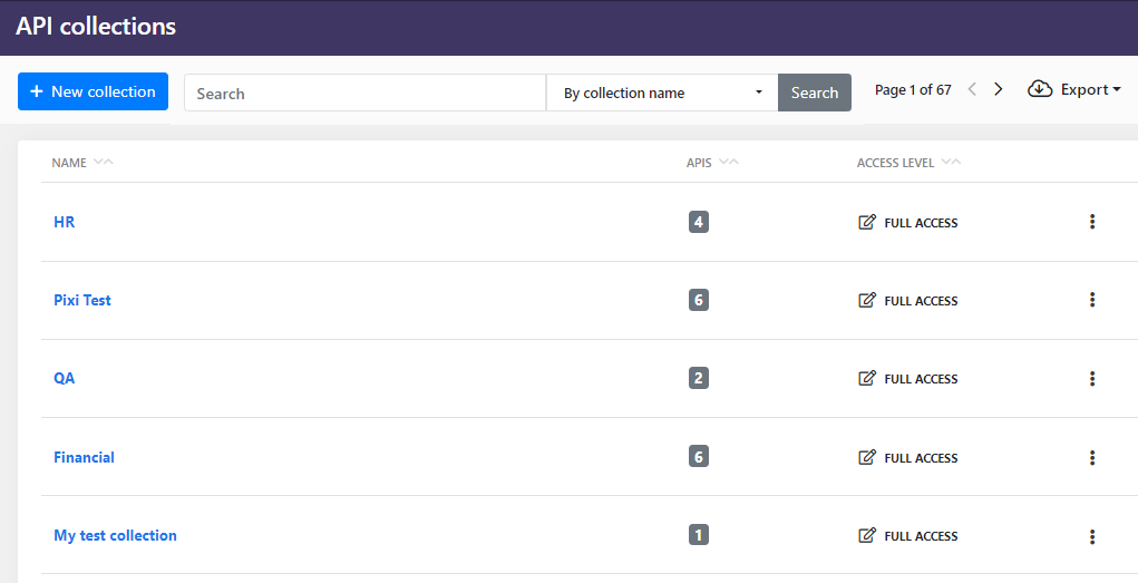 An example screenshot of the API Collections page