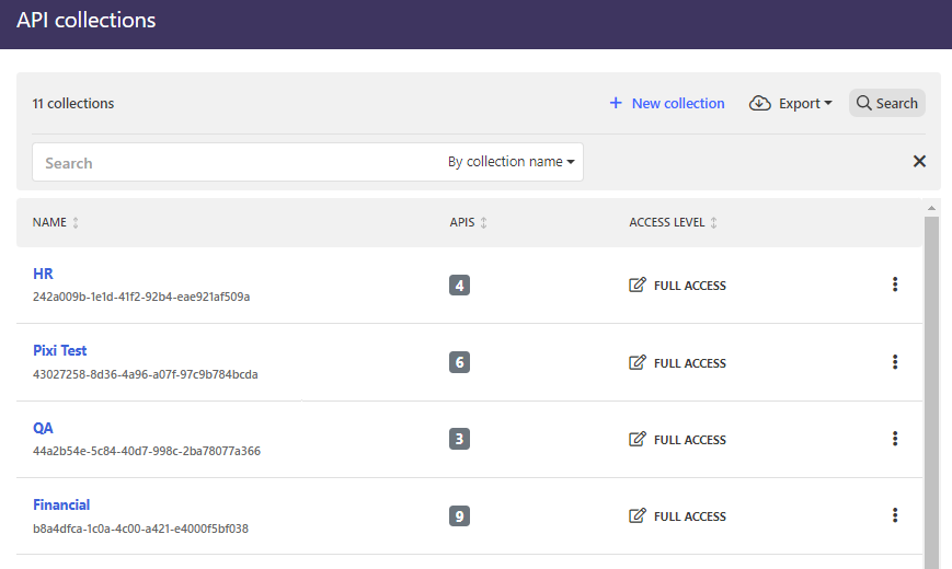 An example screenshot of the API Collections page