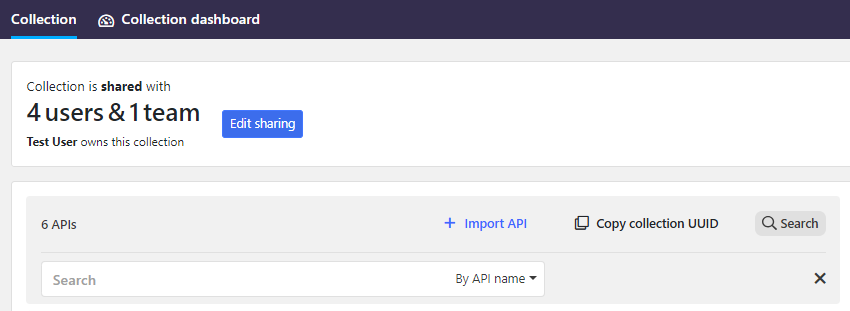 An example screenshot that shows the sharing status of an API collection as well as who owns the collection. This collection is shared separately with one user and one team. There is also a button for editing the sharing next to the shring status.