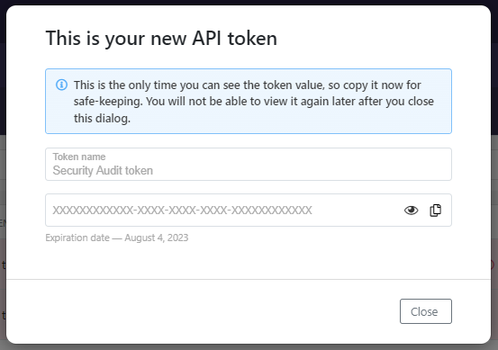 Create API Token Wizard showing the generated token and the buttons for showing the token value and copying it.