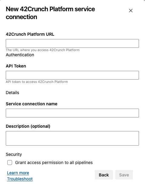A screenshot showing the dialog for configuring 42Crunch Platform service connection