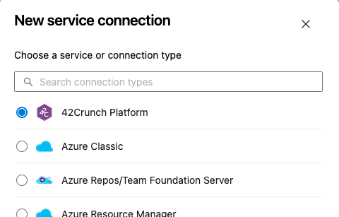 The screenshot shows 42Crunch Platform selected on the list of available service connection types