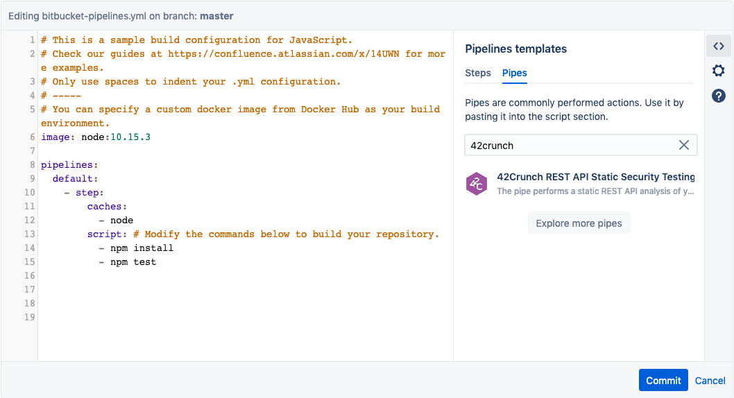 An example screenshot from Bitbucket showing adding the pipe to the Bitbucket pipeline.