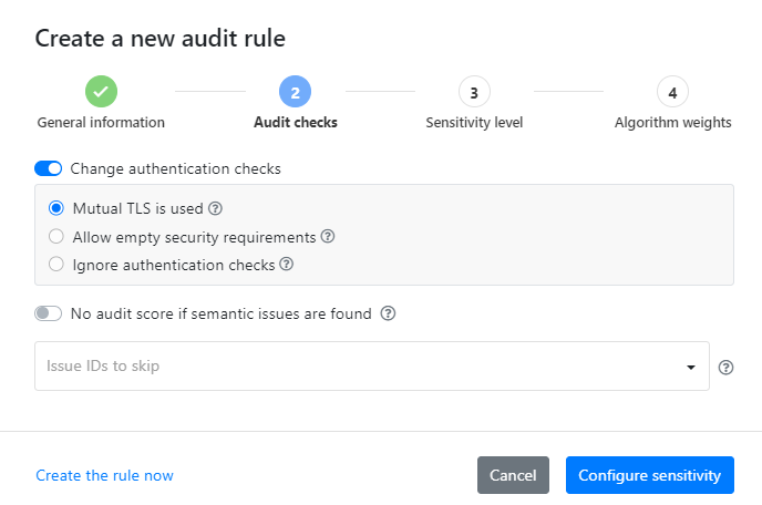 The screenshot shows an audit rule called "No_authetication" that is applied by a category called "Internal" and a tag called "Dev".
