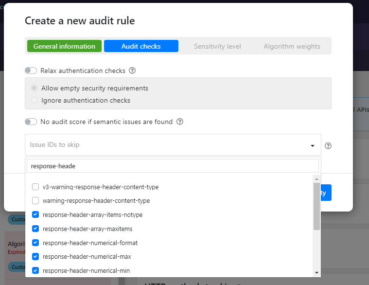 The screenshot shows some response header related checks selected to be skipped in the issue ID dropdown list.