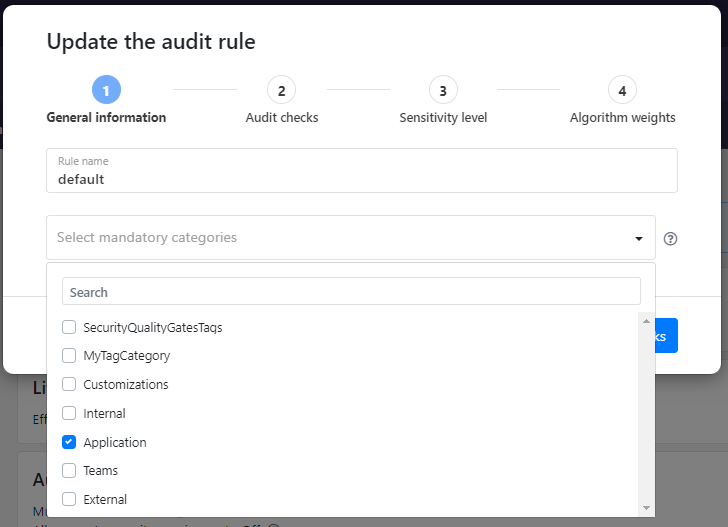 The screenshot shows the default audit rule, with category called "Application" selected in the list of available categories to be mandatory.