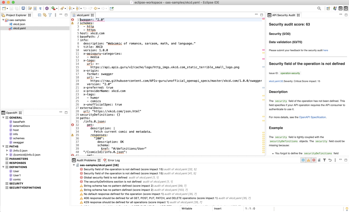 An example screenshot of an audited API definition in Eclipse.