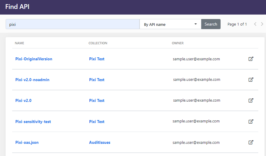 Example screenshot of the Find API view, listing the APIs available to the user, the API collections they are in, and the owner of the collection.