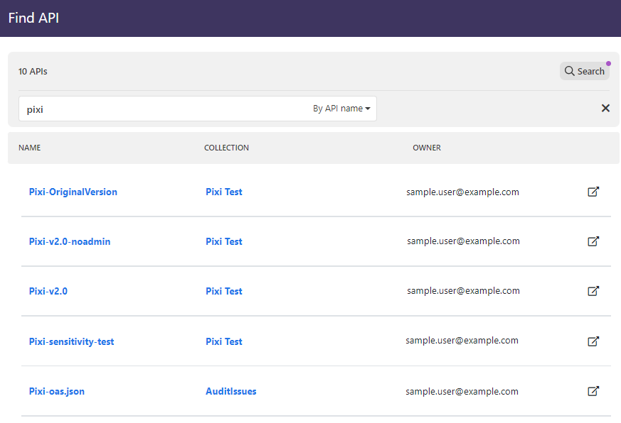 Example screenshot of the Find API view, listing the APIs available to the user, the API collections they are in, and the owner of the collection.
