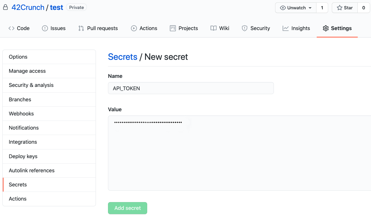 An example screenshot of adding a secret in GitHub. The API token is shown as dots in the value field.