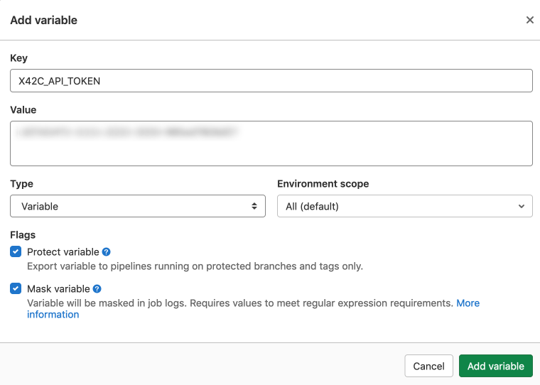 An example screenshot of adding the protected environment variable in Gitlab.
