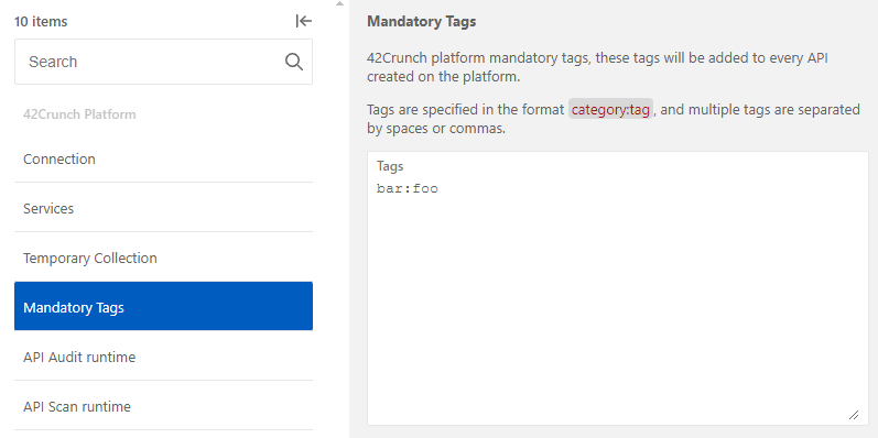 The screenshot shows the text field for mandatory tags in the extension settings, with 'bar:foo' typed in it.