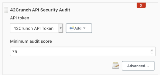 An example image showing the fields for configuring the token the job uses and the minimum audit score.