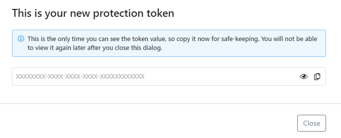 API Protection Wizard showing the generated token and the buttons for showig the token value and copying it.