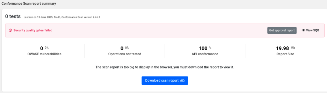The screenshot shows a Scan v2 report of 19.98 Mb that is too large to show inthe browser. There is a separate download button for the report at the bottom of the panel.