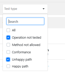 The screenshot shows filtering the scan report based on the test type. The list of types to filter with has been clicked open and two of the available test types have been selected: operations not tested and unhappy path.
