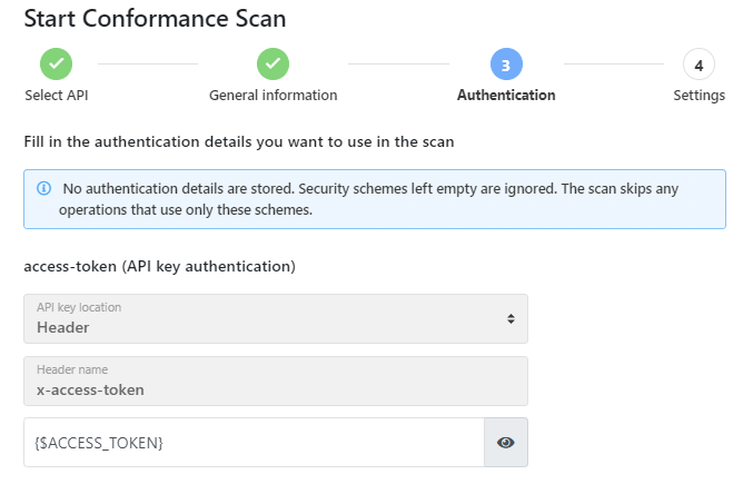 An example screenshot showing configuring token authentication for scan. The header value has been replaced with an environment variable.