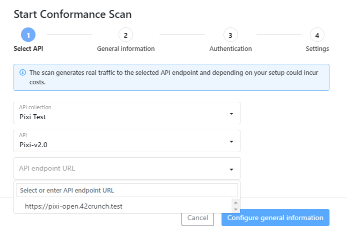 A screenshot of selecting the API endpoint in the scan configuration wizard