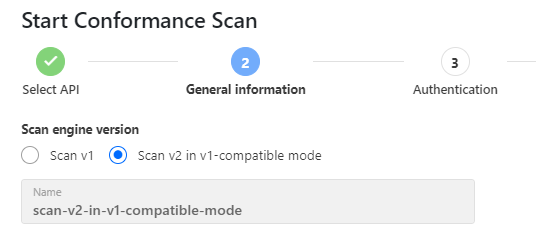 An example screenshot of the General information tab of the scan dialog showing the scan v2 in v1-compatible mode selected.