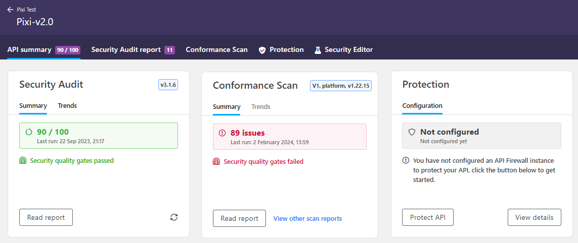 The screenshot shows an example of the API summary tab of an API, with an overview of results from both API Security Audit and Dynamic API Security Testing. The scan panel also shows that the latest scan was run in 42Crunch Platform.