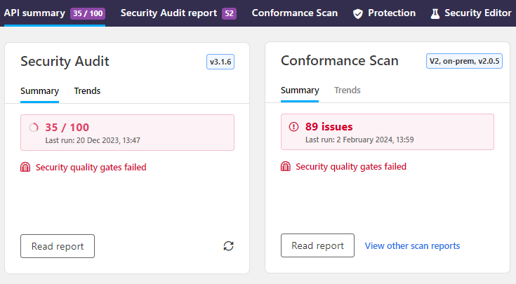 The screenshot shows the panel for Conformance Scan on the API summary: the badge on the upper right corner indicates that the latest scan was run on premises and the button to rerun the scan is not available.