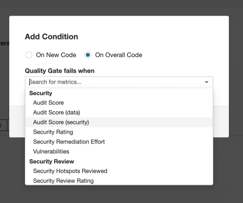An example screenshot on configuring the fail on conditions showing the metrics specific to the REST API Static Security Testing plugin in the metrics dropdown. Above the dropdown, the radio button "On Overall Code" is selected.