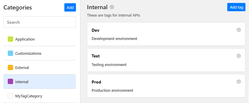 Example screenshot showing tags for indicating development, testing, or production environment.