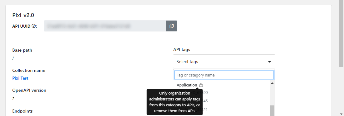 The screenshot shows a lock symbol and a hover-on tool tip on a category that has been designated for admin-only tagging.