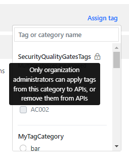 The screenshot shows a lock symbol and a hover-on tool tip on a category that has been designated for admin-only tagging.