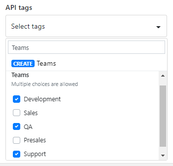 The example category "Teams" allows multiple choices for tags. The checkboxes on the tags for development, QA, and support teams have been selected, but the tags "Sales" and "Presales" have not been.
