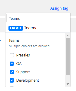 The example category "Teams" allows multiple choices for tags. The checkboxes on the tags for development, QA, and support teams have been selected, but the tags "Sales" and "Presales" have not been.