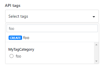The screenshot shows both the option to create a new tag and an existing tag with the same name in the tags dropdown list.