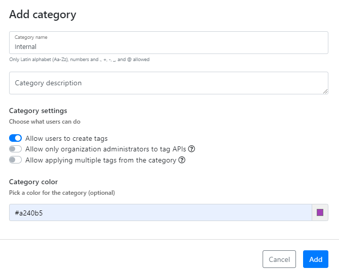 The screenshot shows a category that allows users to create tags to it and that has a custom colour.