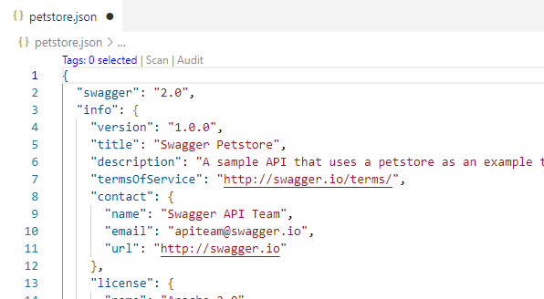 Example screenhot shows the control for tags selected for the API at the top of the API definition.